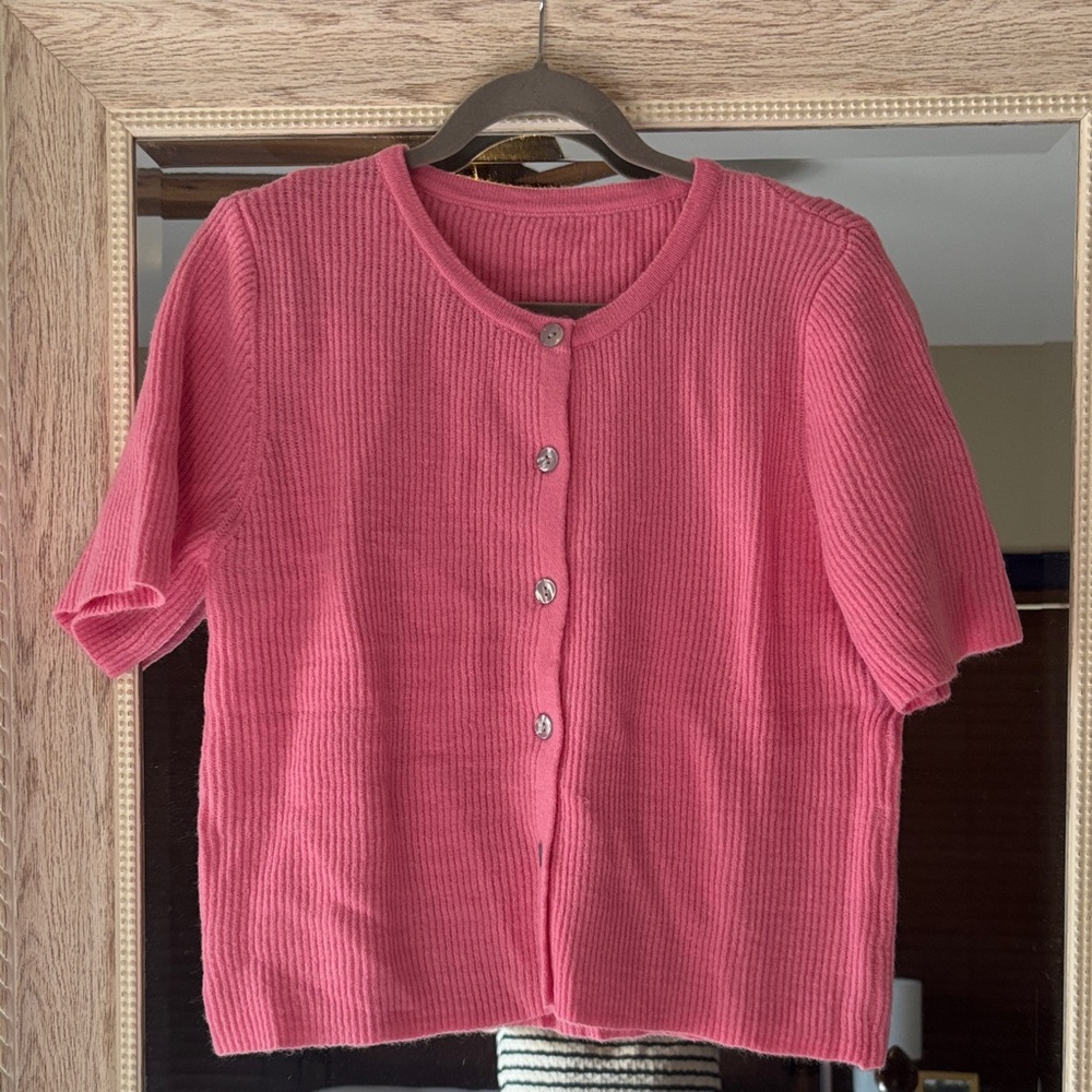 New Women's Short-Sleeve Button Front Sweater Top - Pink